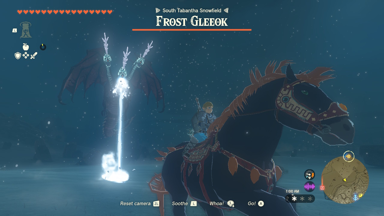 Link riding the giant horse away from a Frost Gleeok's beam