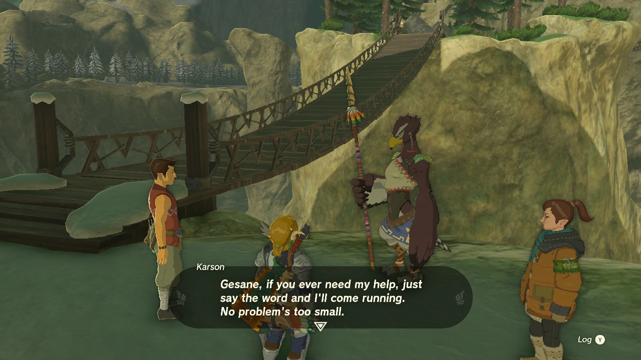 Hylian carpenter Karson talking to Rito Gesane. 'Gesanne, if you ever need my help, just say the word and I'll come running. No problem's too small.'