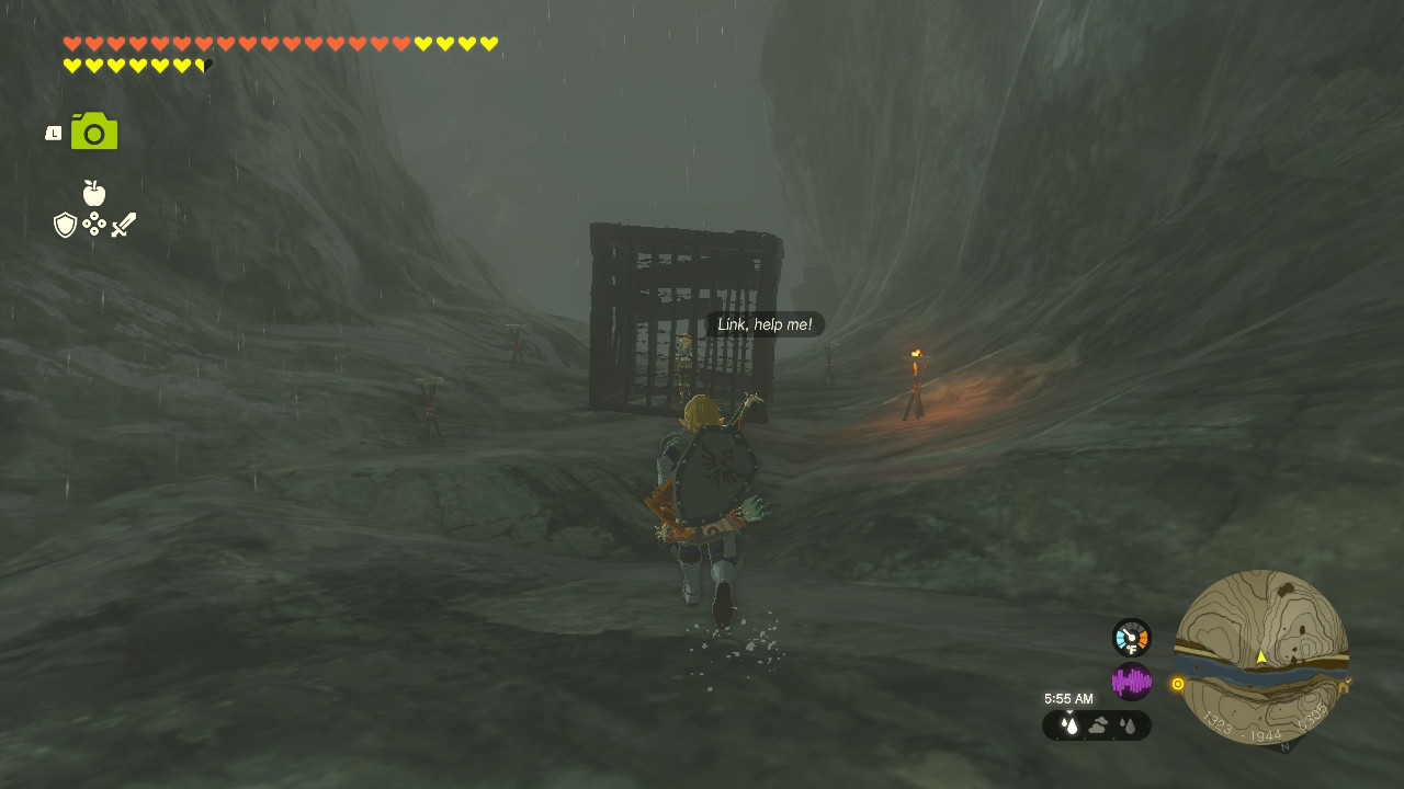 Link running up to Zelda in a cartoonish cage in the middle of nowhere, completely unguarded. She says, 'Link, help me!'