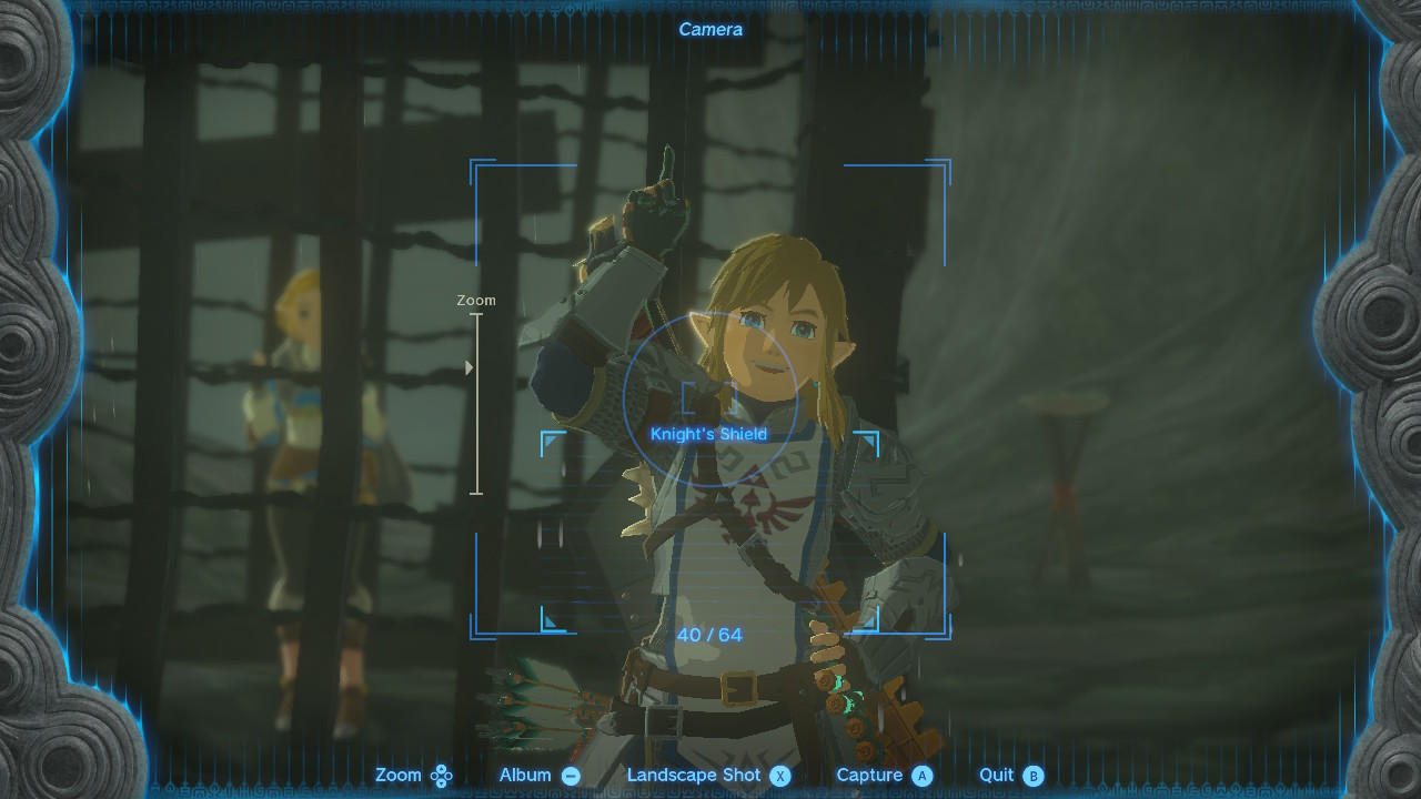 Link posing sillily in front of the cage while Zelda stands in a casual, unbothered yet helpless pose