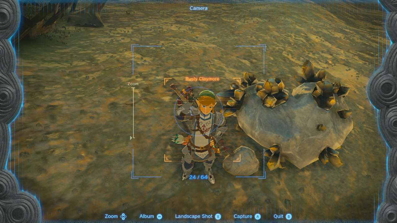 Link posing cutely by a stone talus heart
