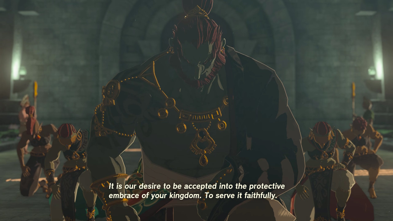 Ganondorf kneels before the king, saying 'It is our desire to be accepted into the protective embrace of your kingdom. To serve it faithfully.'