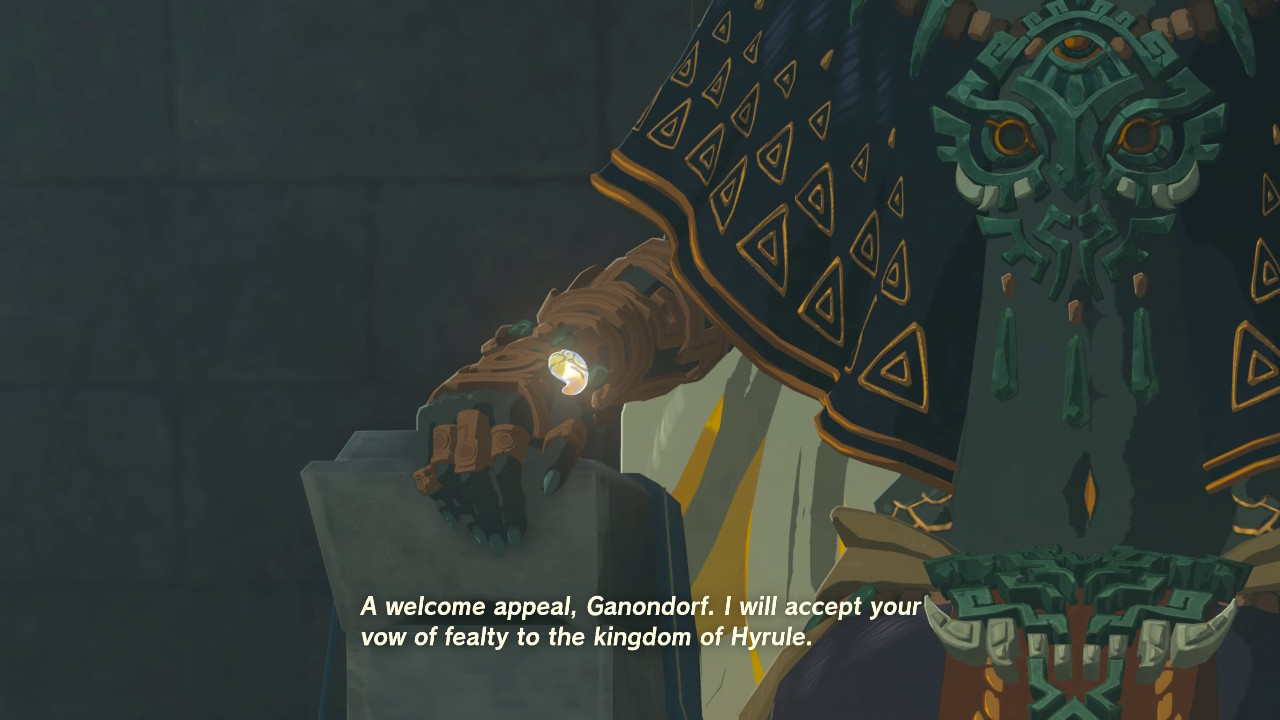 Rauru sits comfortably on his throne, secret stone aglow. He says, 'A welcome appeal, Ganondorf. I will accept your vow of fealty to the kingdom of Hyrule