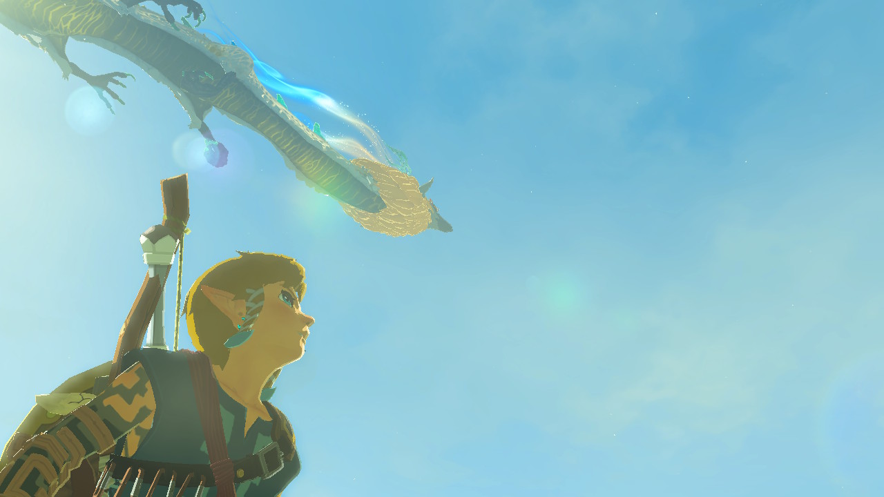Link looks up at the light dragon flying above him
