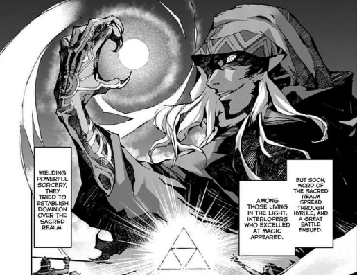 Manga panel featuring interloper with a hooked, intricately-patterned arm. It has the same shot composition and pose as the trailer shot of Link looking at his new arm
